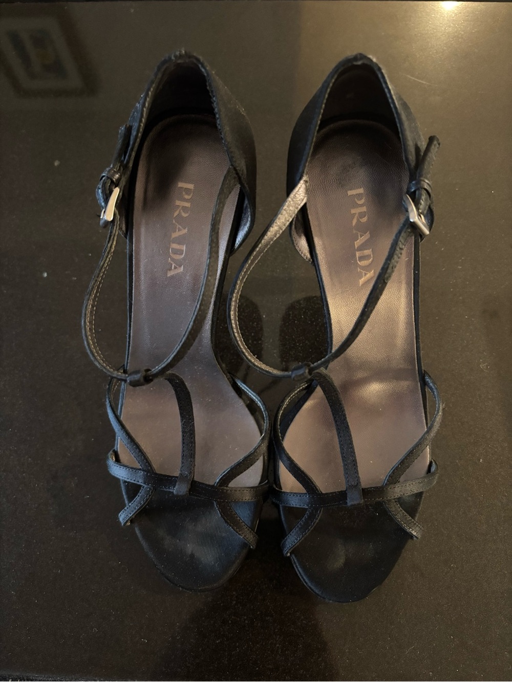Prada Black Strappy Leather Heels with Buckle